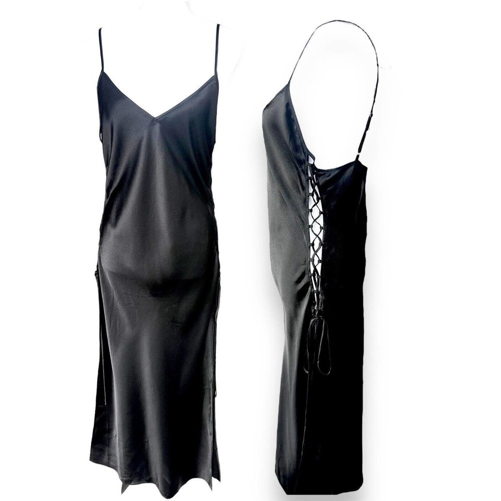 Victorias Secret Slip Dress Long Strappy Corset Sides Sz M Black Satin Gown Sexy - Picture 2 of 7